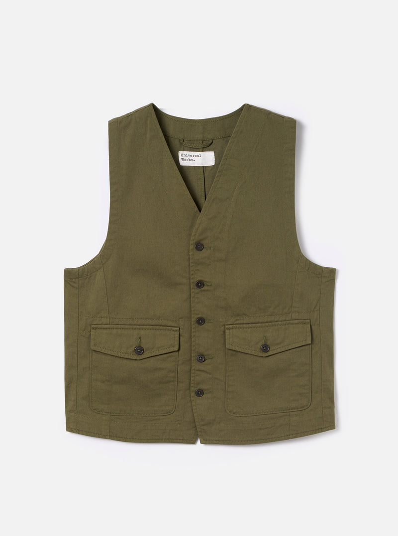 Front view of the Light Olive Twill Field Waistcoat displayed flat against a plain white background. The image showcases the V-neckline, button-front fastening, light olive twill fabric texture, and structured utility chest and patch pockets.