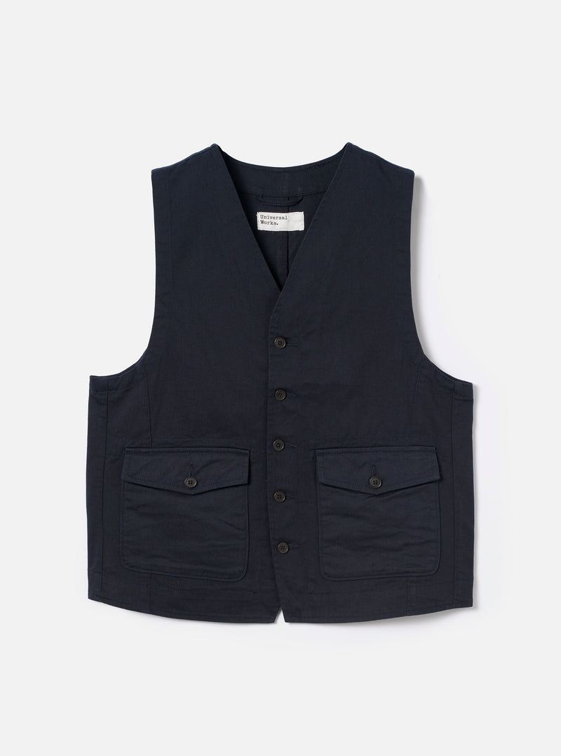 Front view of the Navy Twill Field Waistcoat displayed flat against a plain white background. The image showcases the classic V-neck silhouette, front button closure, deep navy twill cotton fabric, and multiple front utility patch pockets.