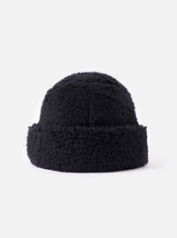 Close-up of the cableami® Black Toque Boa Cap on a white background. The black, textured hat has a rounded shape and a slight brim.