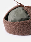 Close-up of the cableami® Olive Military Nylon Twill Boa Aviator hat. Features olive nylon and brown boa trim. Shot on a white background.
