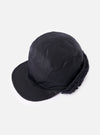 cableami® Black Military Nylon Twill Cap on a white background. The cap is black nylon with a short brim and ear flaps lined with black faux fur.