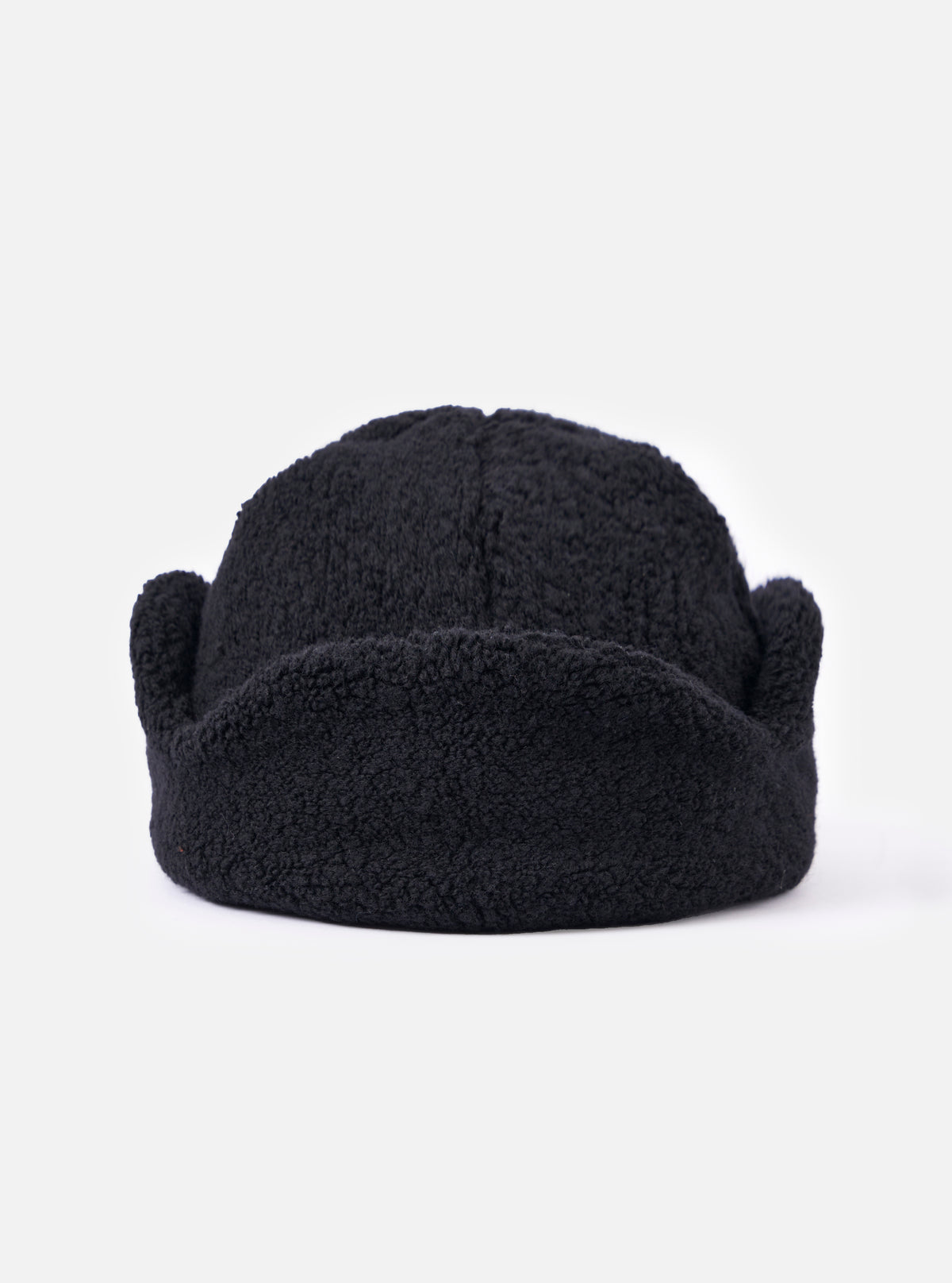 Close-up of the cableami® Black Recycled Wool Flight Watch Cap on a white background. The cap is made of black, textured wool and has a rounded shape.