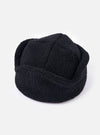 Close-up of the cableami® Black Recycled Wool Flight Watch Cap on a white background. The cap is made of a textured, recycled wool material and has a classic flight watch cap design.