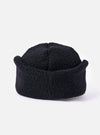 cableami® Black Recycled Wool Flight Watch Cap on a white background. The cap is made of black, textured wool and has a unique, rounded shape.