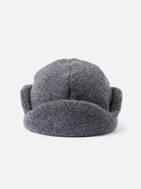 Close-up of the cableami® Grey Recycled Wool Flight Watch Cap on a white background. The cap is a textured grey wool with ear flaps.