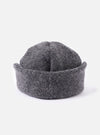 Close-up of the cableami® Grey Recycled Wool Flight Watch Cap on a white background. The cap is a textured grey wool with a rounded top and a brim that folds up.