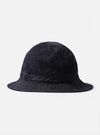 The cableami Black 10oz Denim Metro Hat is displayed as a flat lay against a plain white background. This black cotton denim hat features a wide, stitched brim, a rounded crown, and a detachable cord strap with an adjustable toggle.