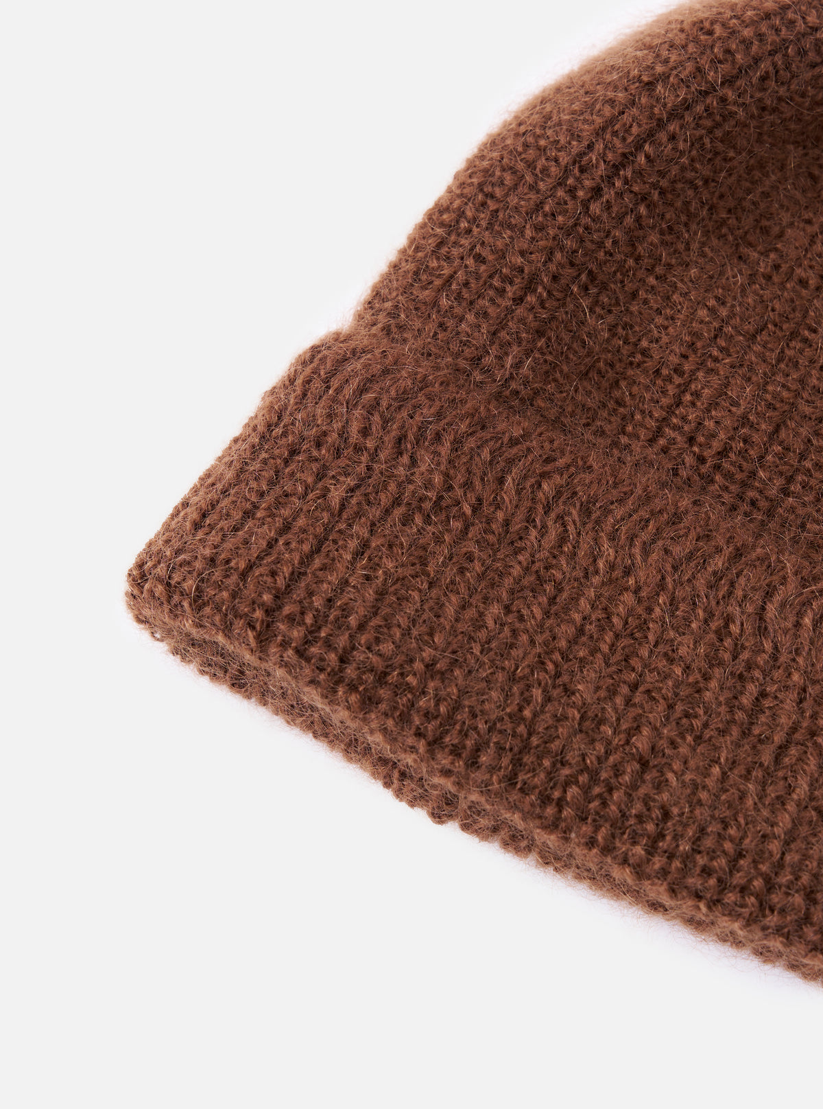 Close-up of the cableami® Brown Mohair Watch Cap showing the texture and color of the mohair. The cap is displayed on a white background.