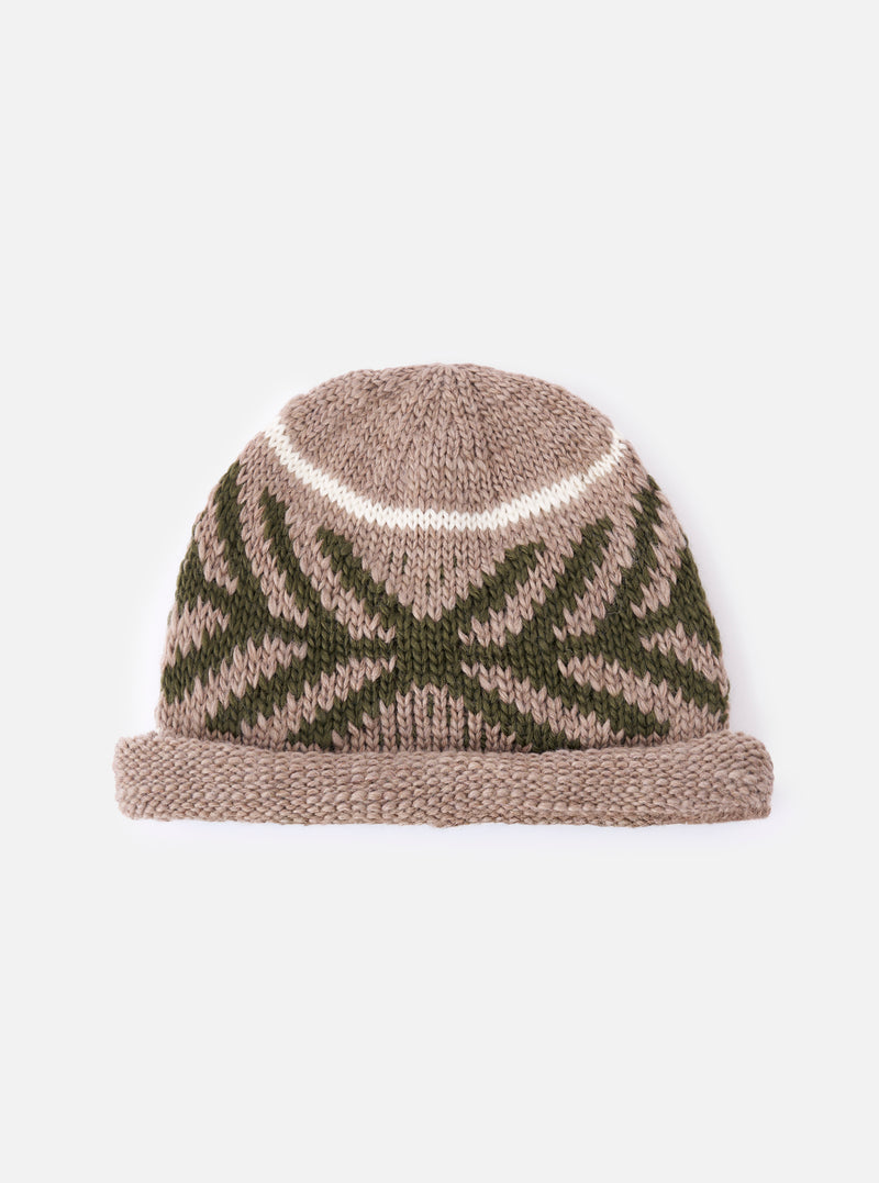 cableami® Beige Wool Jacquard Watch Cap on a white background. The cap features a beige and green patterned design with a folded brim.