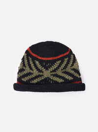 cableami® Black Wool Jacquard Watch Cap on a white background. The cap features a black base with a green jacquard pattern and a red stripe. Warm and stylish.
