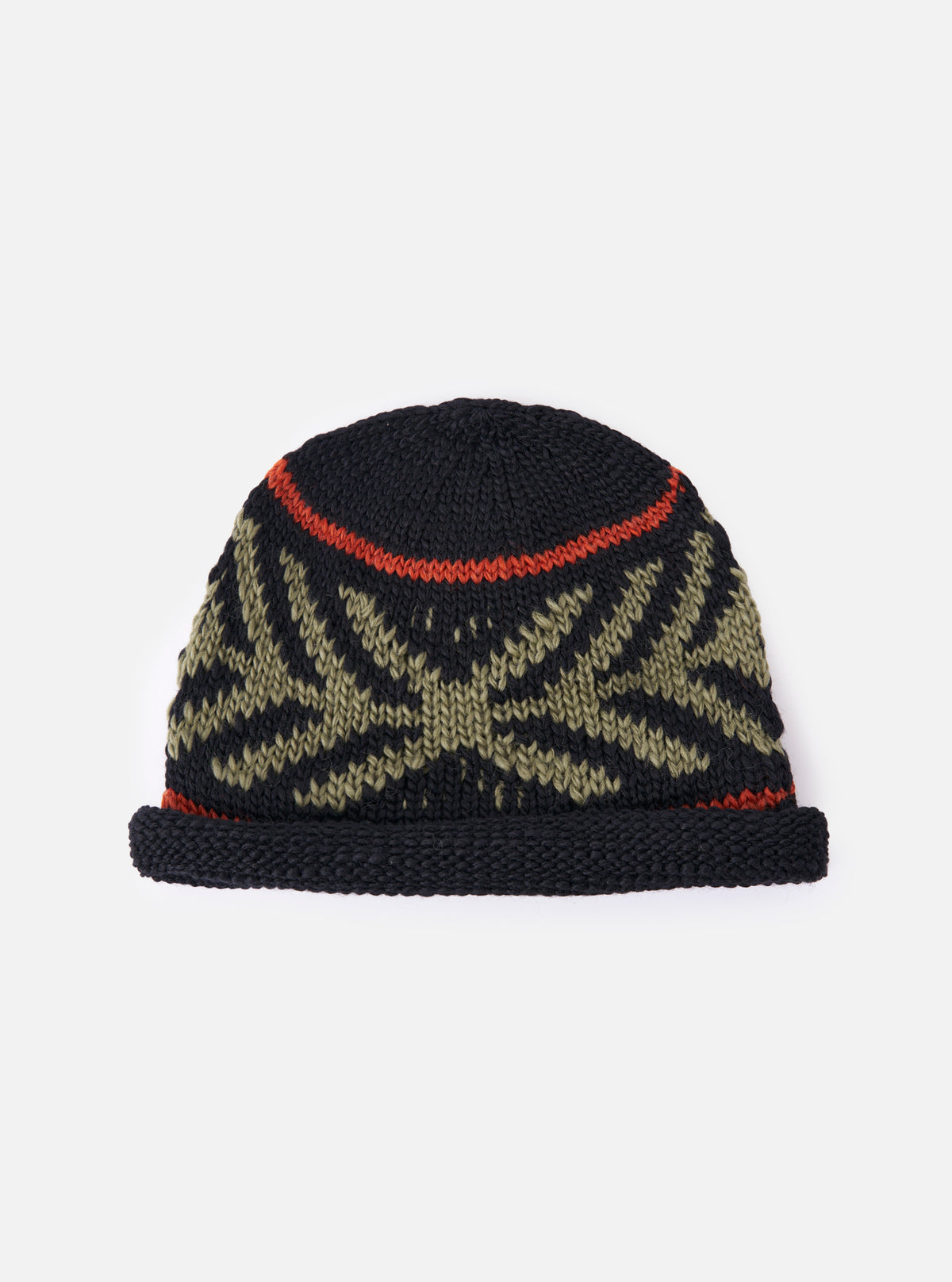 cableami® Black Wool Jacquard Watch Cap on a white background. The cap features a black base with a green jacquard pattern and a red stripe. Warm and stylish.
