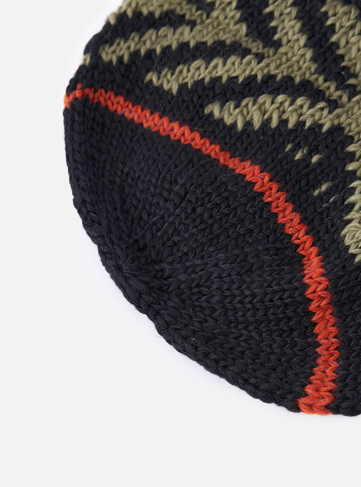 Close-up of a cableami® Black Wool Jacquard Watch Cap on a white background. The cap features a black base with olive and orange jacquard patterns.