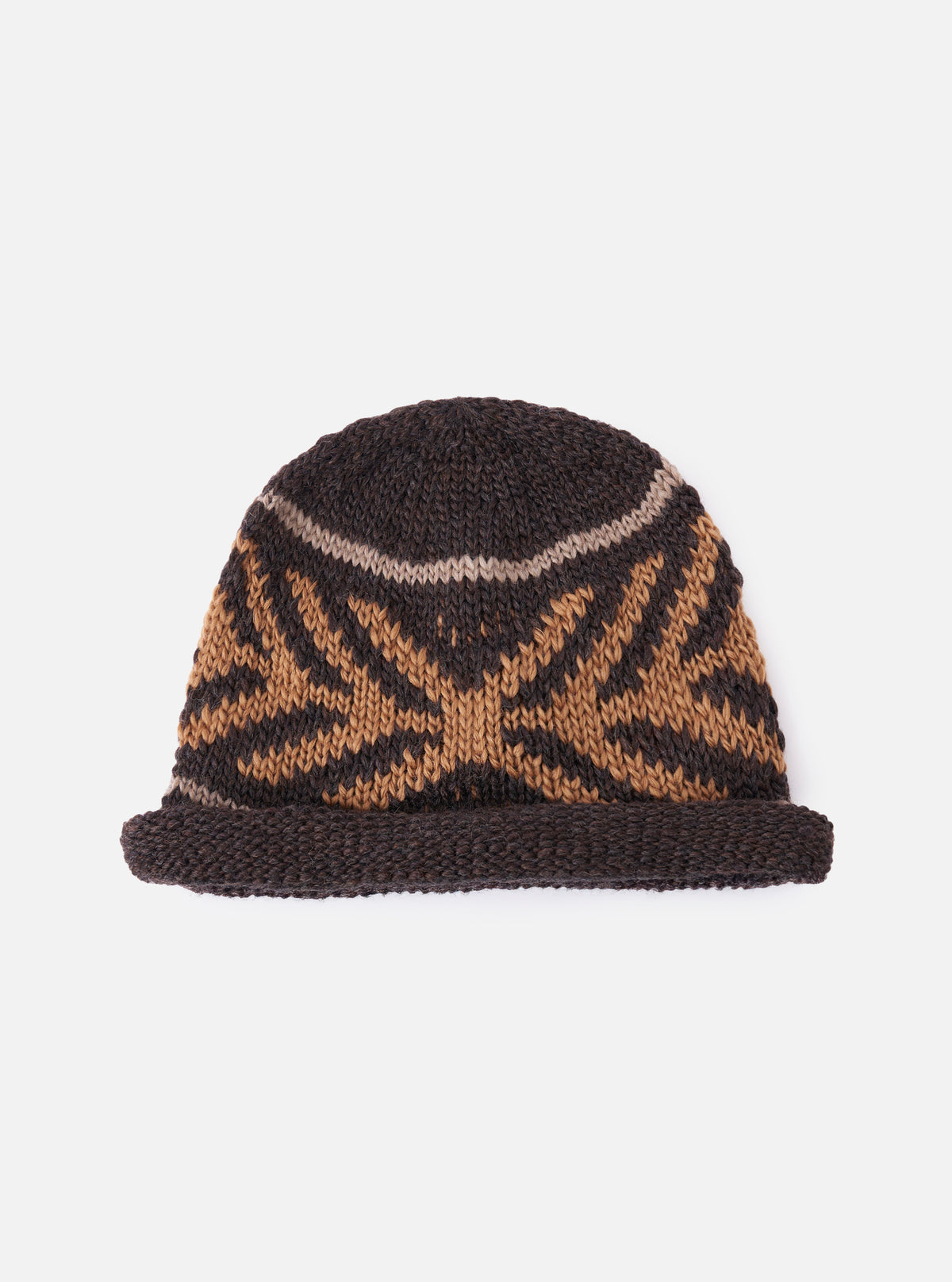 cableami® Brown Wool Jacquard Watch Cap on a white background. The cap is brown with a tan geometric pattern. The wool knit is soft and warm, perfect for winter.