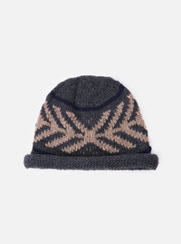 cableami® Grey Wool Jacquard Watch Cap on a white background. The wool hat has a jacquard pattern in grey and beige. The fit is snug.