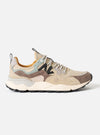 Side profile view of the Flower Mountain Sand/Beige/Taupe Cow Velour Yamano 3 Uni sneaker against a plain studio background. Features warm sand and beige velour leather paneling, intricate stitching, eyelet loops, and a sculpted outsole.