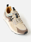 Three-quarter angle shot of the Flower Mountain Sand/Beige/Taupe Cow Velour Yamano 3 Uni sneaker displayed on a white background. Highlights the soft cow velour upper, layered taupe paneling, hiking-style laces, and supportive midsole.