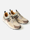 Top-down view of the Flower Mountain Sand/Beige/Taupe Cow Velour Yamano 3 Uni sneaker against a neutral studio background. Focuses on the lacing system, soft velour tongue, signature cork footbed, and rounded toe box paneling details.