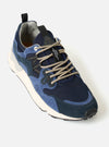 Three-quarter view of the Flower Mountain Blue/Bluette Cow Velour Yamano 3 Man sneaker on a plain light background. Displays the rich blue velour material, layered construction, patterned laces, and sturdy rubber sole for outdoor traction.