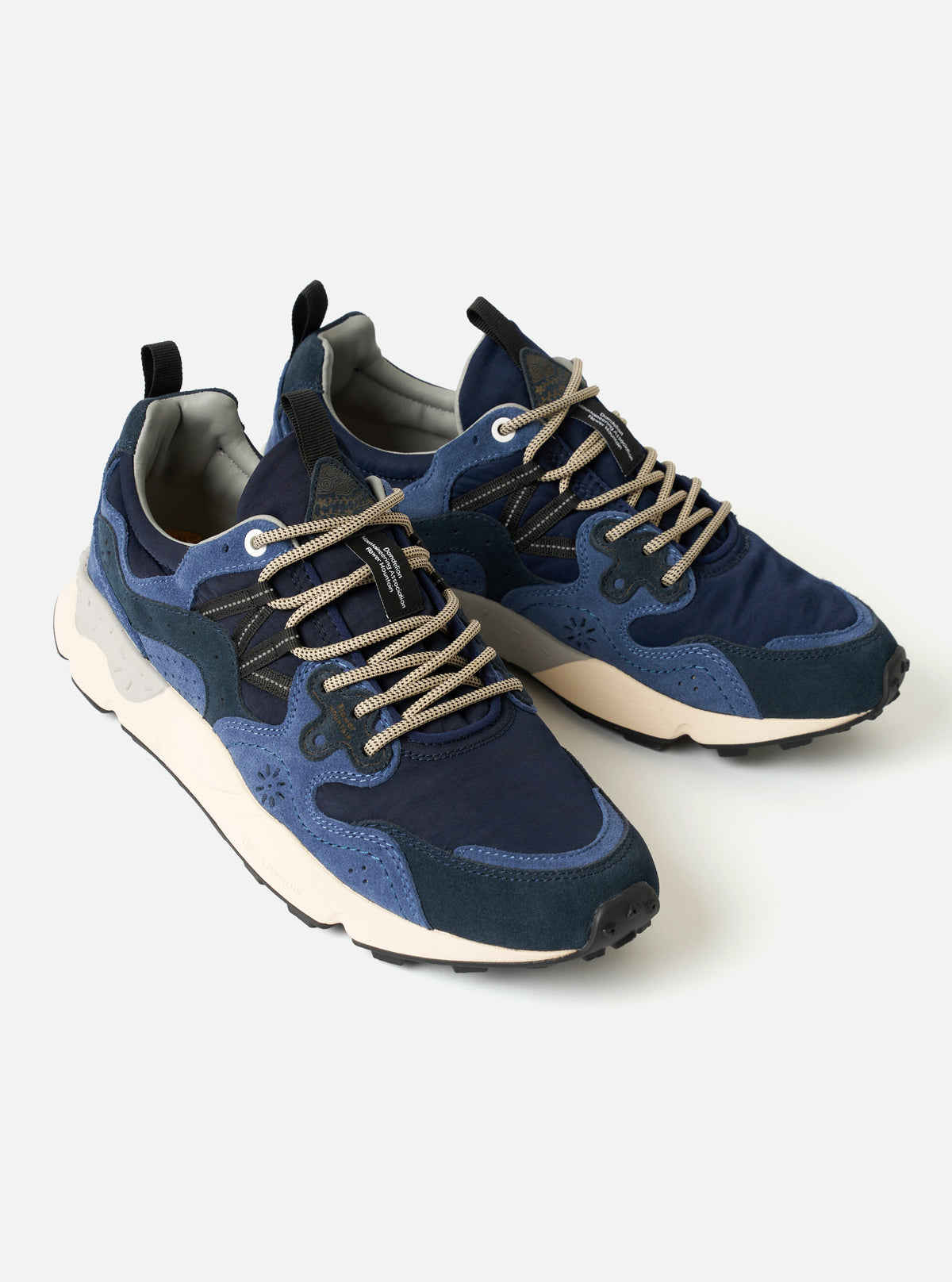 Top-down view of the Flower Mountain Blue/Bluette Cow Velour Yamano 3 Man sneaker against a plain white backdrop. Highlights the lacing layout, soft velour tongue, blue panel overlays, and comfortable natural cork sockliner detailing.