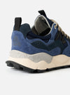 Rear view of the Flower Mountain Blue/Bluette Cow Velour Yamano 3 Man sneaker set against a neutral studio background. Focuses on the blue heel collar, sturdy heel support panel, convenient rear pull loop, and thick treaded sole base.