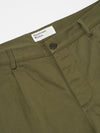 Close-up of the Light Olive Twill Duke Pant on a white background. The twill fabric is visible, showcasing the texture and color. The button and waistband details are also in focus.