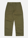 The Light Olive Twill Duke Pant laid flat on a white background. The pants are a light olive green color and made of twill fabric. They have a relaxed fit.