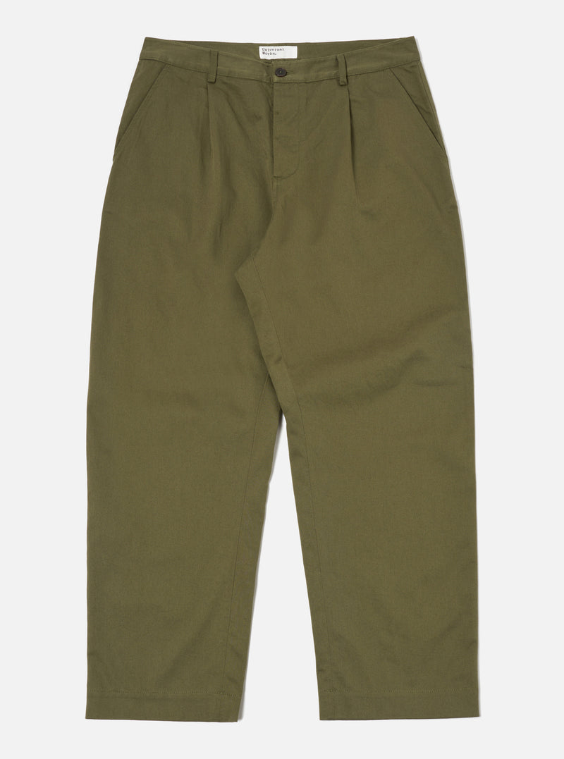 The Light Olive Twill Duke Pant, laid flat on a white background. These stylish, relaxed-fit trousers are made from durable twill fabric in a light olive green color.
