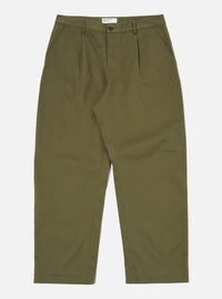 The Light Olive Twill Duke Pant, laid flat on a white background. These stylish, relaxed-fit trousers are made from durable twill fabric in a light olive green color.