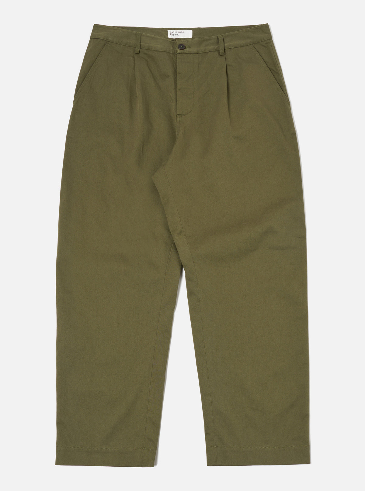 The Light Olive Twill Duke Pant, laid flat on a white background. These stylish, relaxed-fit trousers are made from durable twill fabric in a light olive green color.
