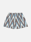 The Ecru Ikat II Cotton Boxer Short on a white background. The shorts have a blue, gray, and white ikat pattern and an elastic waistband.