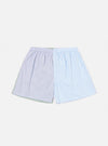 The Blue Classic Mix Boxer Short on a white background. The shorts are made of blue and white striped fabric, with a green trim on one side.