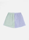 The Blue Classic Mix Boxer Short, featuring green and blue stripes, is laid flat on a white background. The fit is loose and comfortable.
