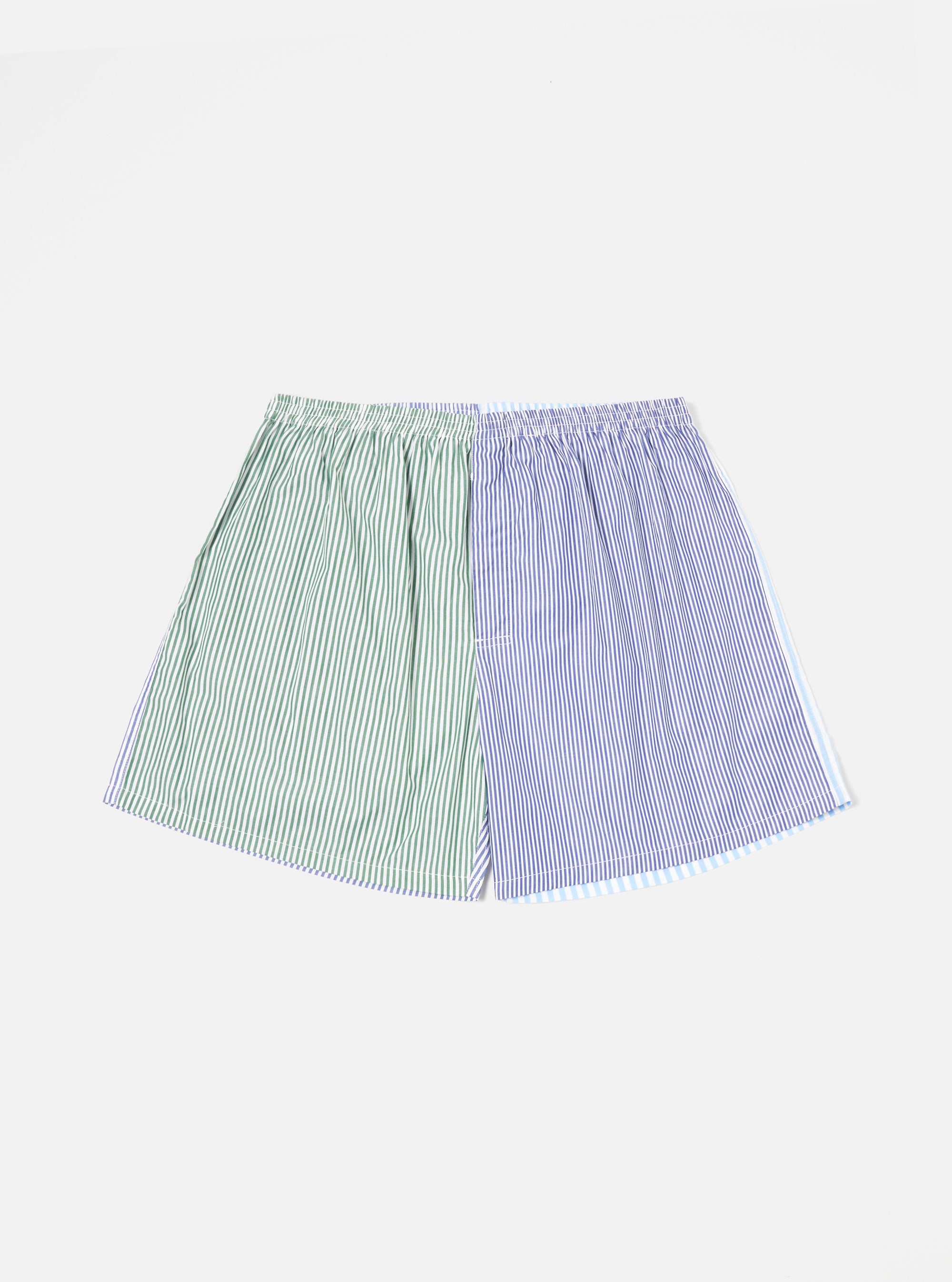 The Blue Classic Mix Boxer Short, featuring green and blue stripes, is laid flat on a white background. The fit is loose and comfortable.