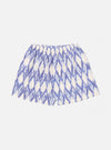 Ecru Ikat I Cotton Boxer Short on a white background. The shorts are cotton with a blue ikat pattern and an elastic waist.