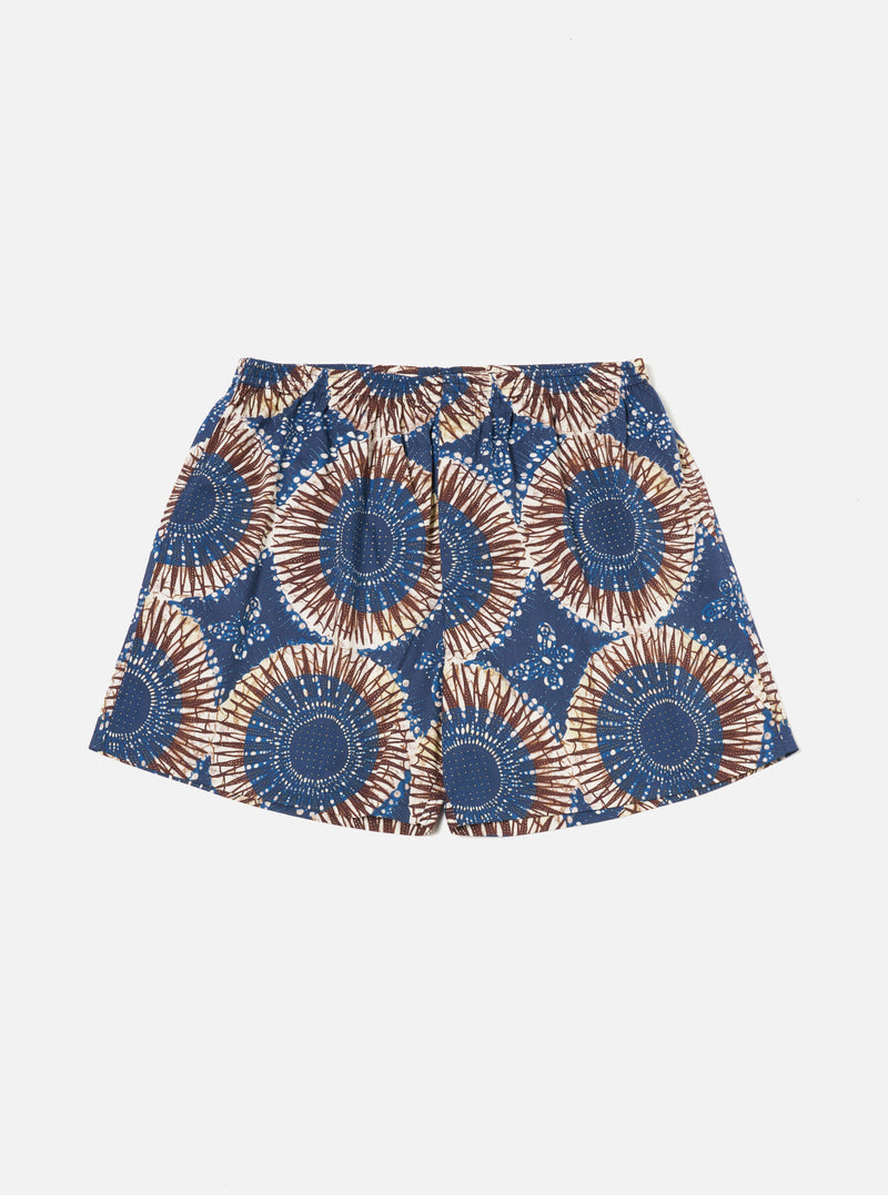 The Navy Hokkoh Print Boxer Short on a white background. The shorts are navy with a brown and white circular pattern.