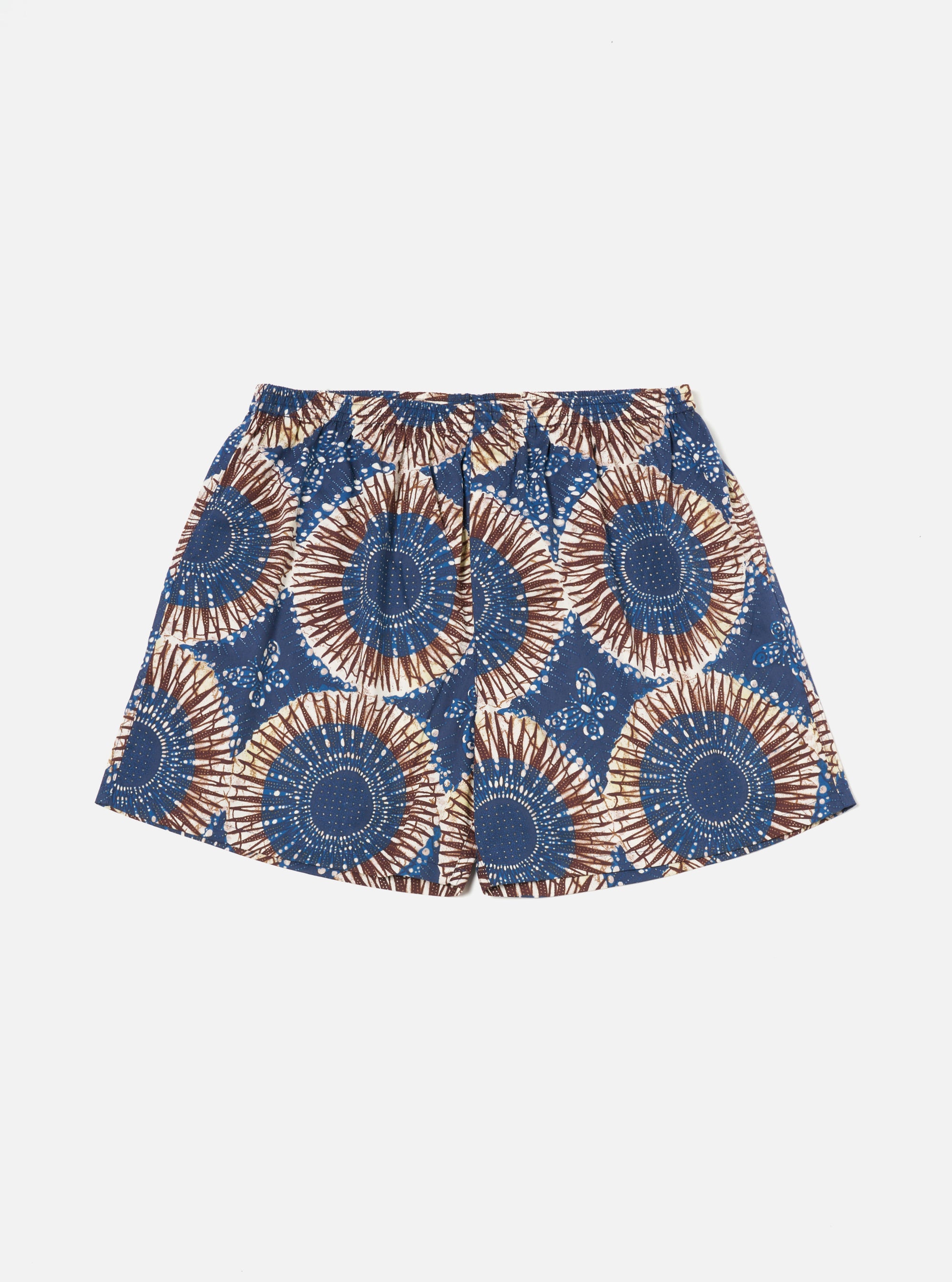 The Navy Hokkoh Print Boxer Short on a white background. The shorts are navy with a brown and white circular pattern.