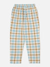 Close-up of the Ecru Madras Check Pyjama Pant on a white background. The pants feature a blue, ecru, and brown plaid pattern and an elastic waistband.