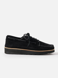 Studio shot of Zardus for Universal Works Black Suede Oliver shoe. The black suede shoe is on a white background.