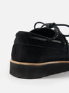 Close-up of the Zardus for Universal Works Black Suede Oliver shoe on a white background. The shoe is black suede with a thick black sole and black laces.