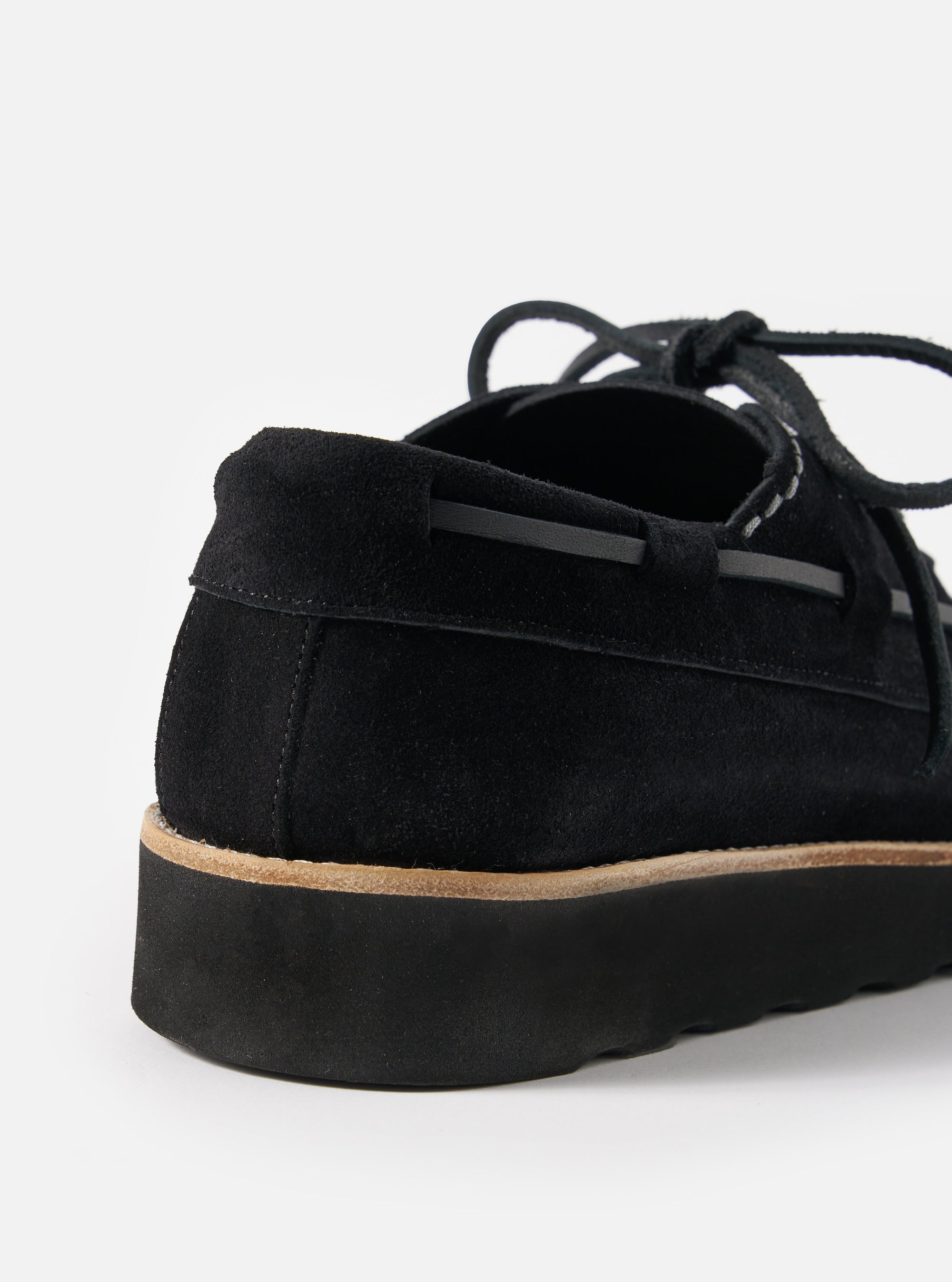 Close-up of the Zardus for Universal Works Black Suede Oliver shoe on a white background. The shoe is black suede with a thick black sole and black laces.