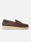 Side view of the Zardus for Universal Works Brown Leather Reggie Loafer on a white background. The shoe has a thick, light-colored sole.