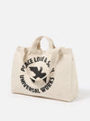 Close-up of the Ecru Canvas Market Tote on a white background. The tote features an ecru canvas material, short handles, and a black graphic print.