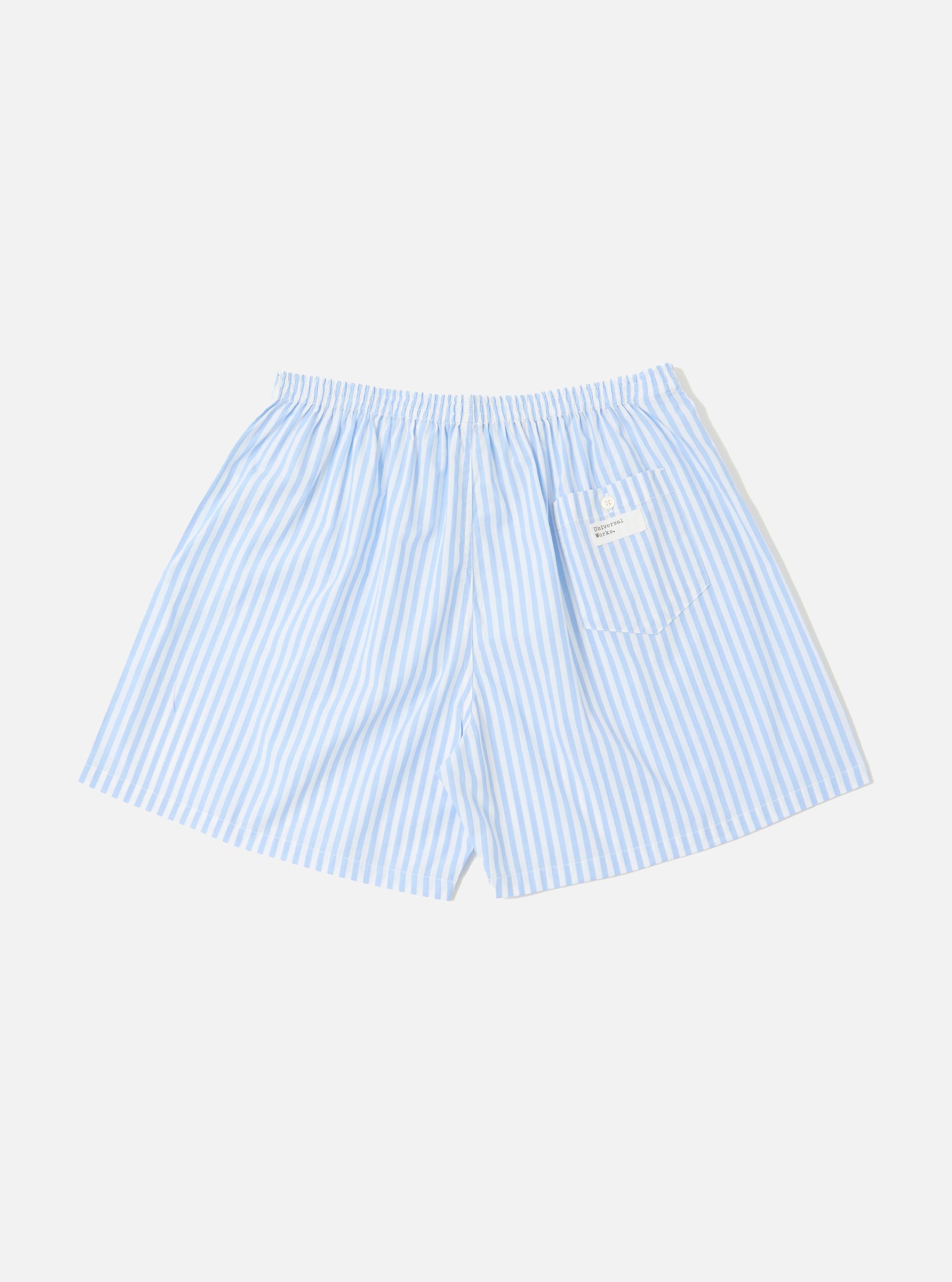 The Blue Classic Stripe Boxer Short on a white background. These cotton shorts feature light blue and white stripes, an elastic waistband, and a small back pocket.