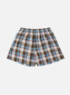 Close-up of Blue/Brown Check 3 Boxer Short on a white background. The plaid pattern features blue, brown, and white. Elastic waistband. 