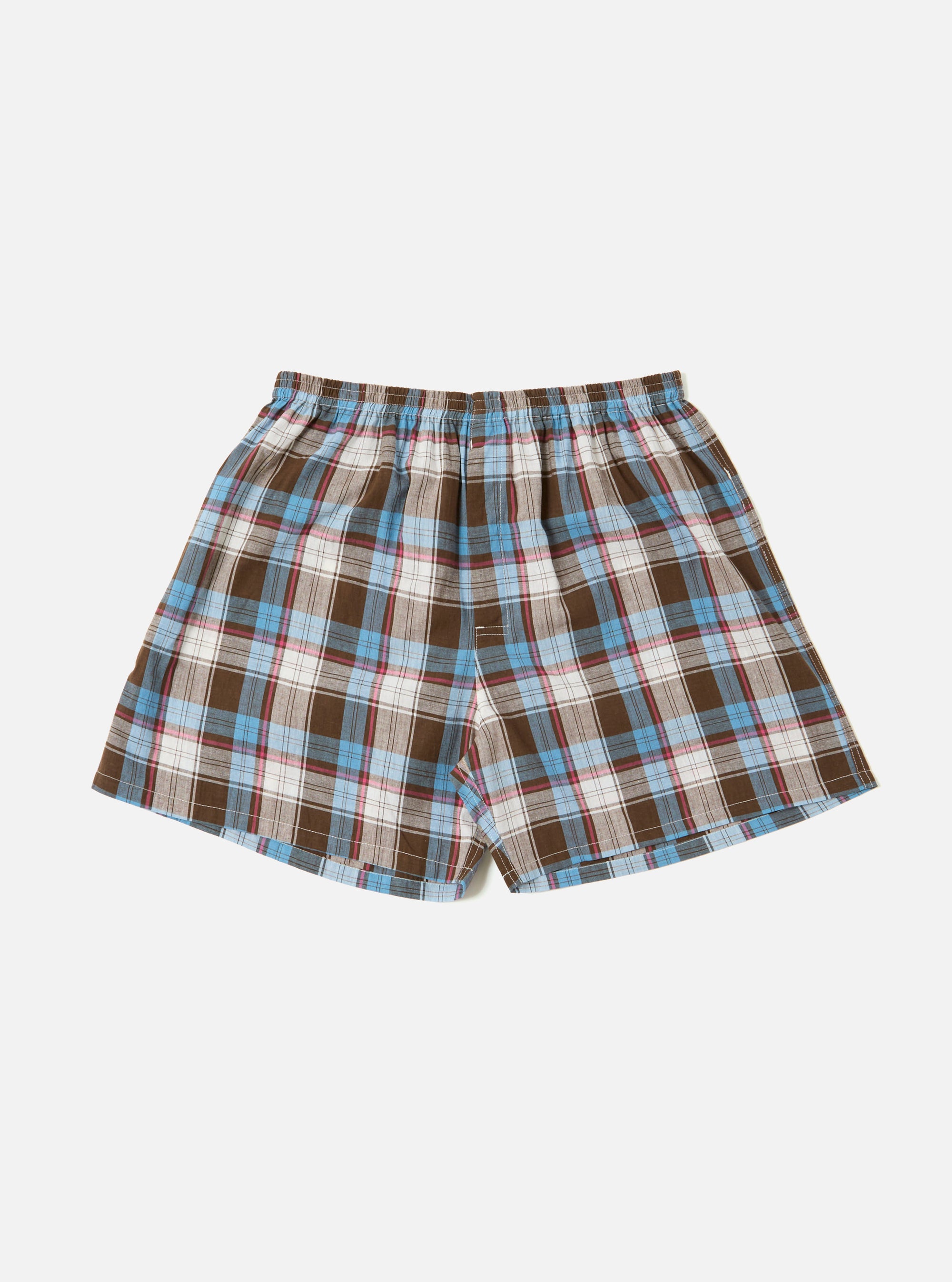 Close-up of Blue/Brown Check 3 Boxer Short on a white background. The plaid pattern features blue, brown, and white. Elastic waistband. 