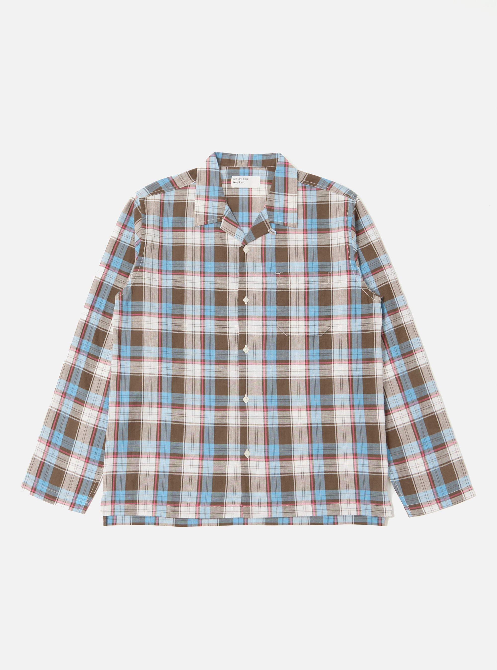 The Blue/Brown Check 3 Long Pyjama Set shirt laid flat on a white background. The shirt features a blue, brown, and white check pattern with long sleeves and a button-up front.