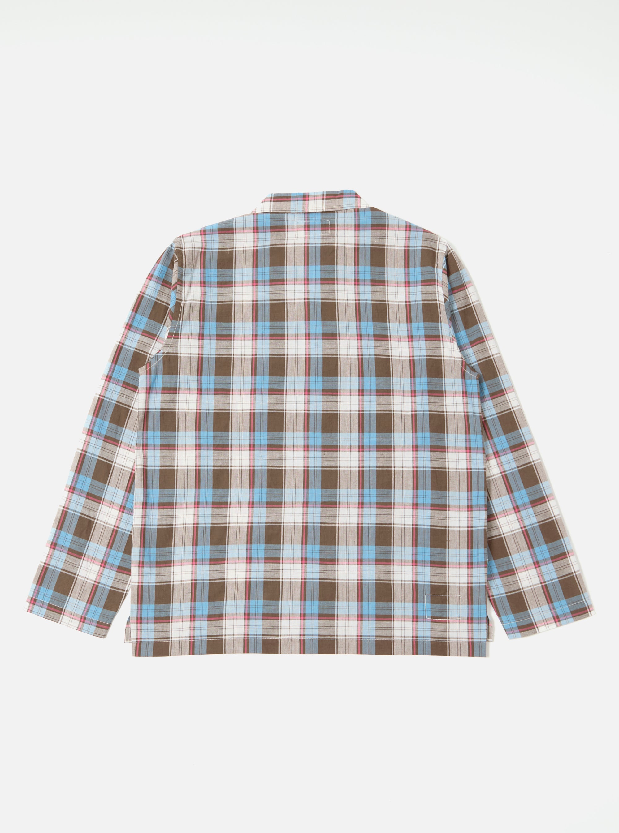 The Blue/Brown Check 3 Long Pyjama Set, laid flat on a white background. The set features a blue, brown, and white check pattern.