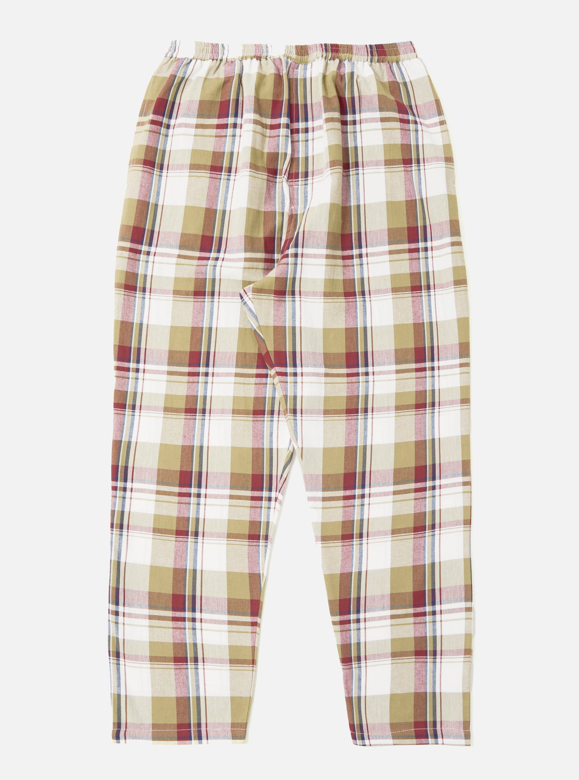 Close-up of the Red/Brown Kip Check Long Pyjama Set pants on a white background. The fabric is a soft, brushed cotton with a relaxed fit.