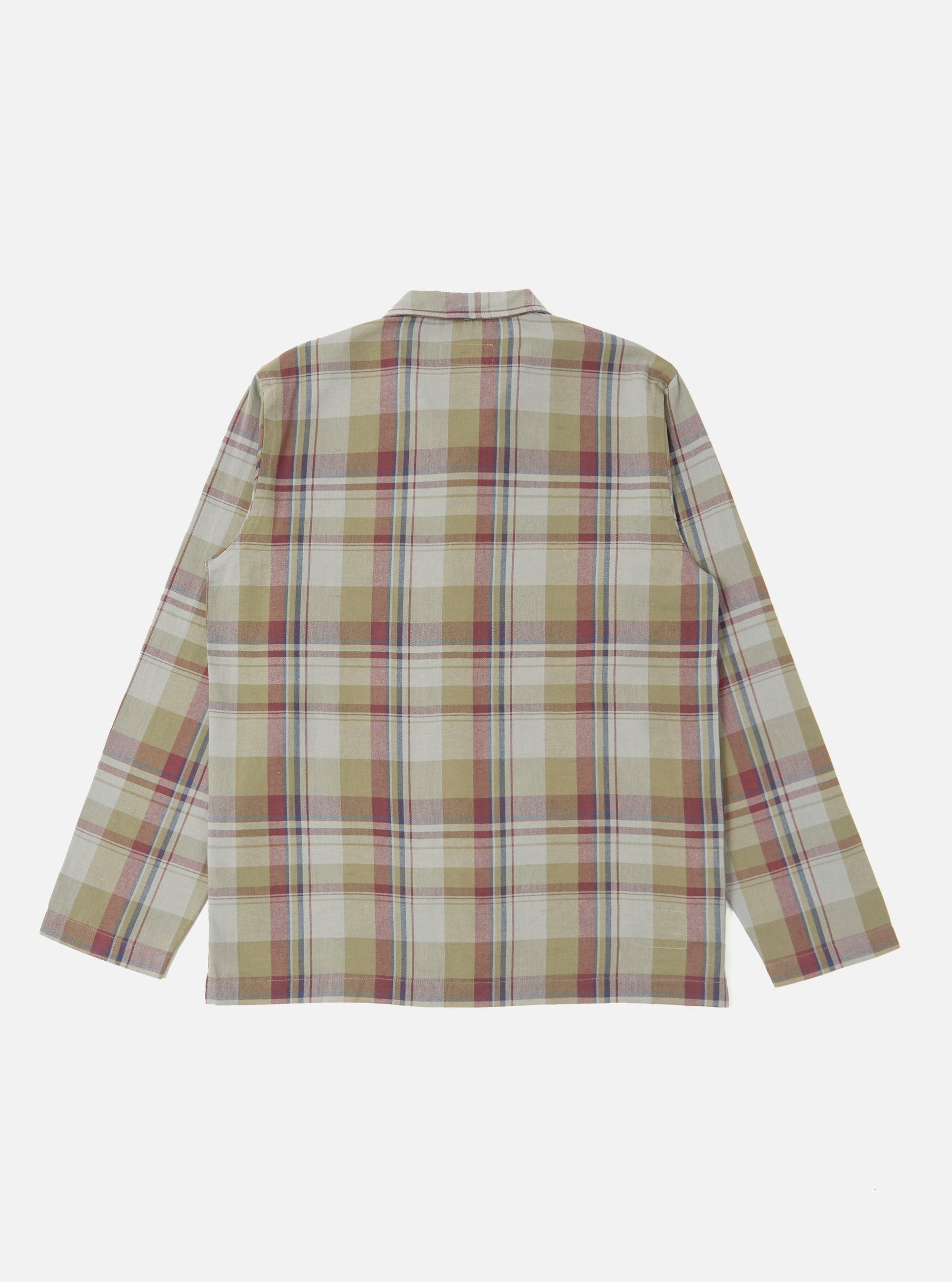 The Green Kip Check Long Pyjama Set, laid flat on a white background. The set features a green, red and blue check pattern.