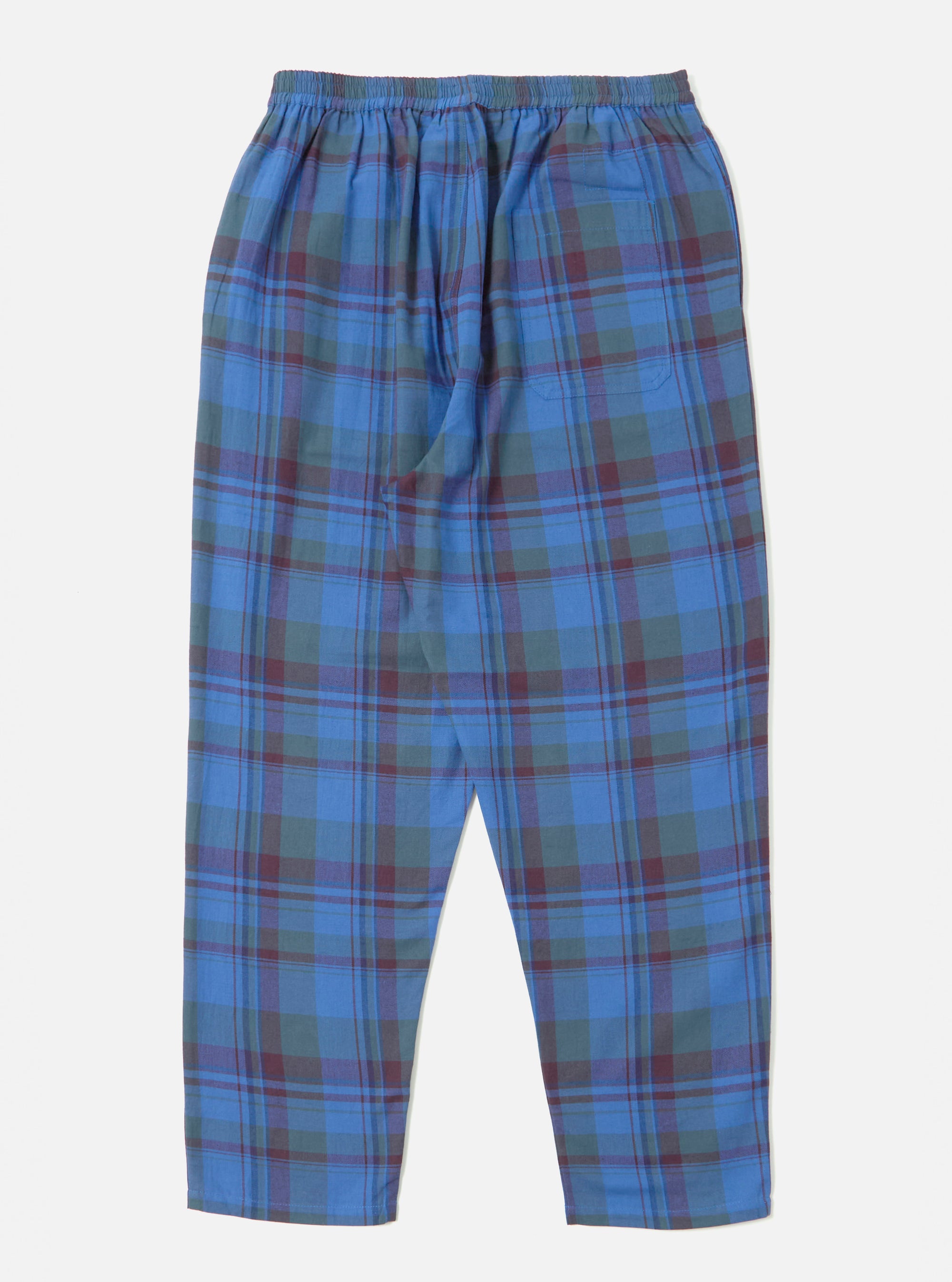 Close-up of the Blue Kip Check Long Pyjama Set pants on a white background. The fabric is a blue, green, and maroon plaid.